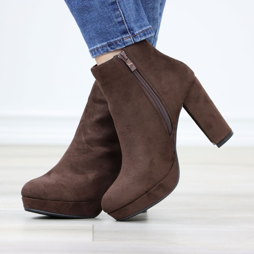Brown Platform Suede Ankle Booties Block Heeled Boots - Picture 8 of 12
